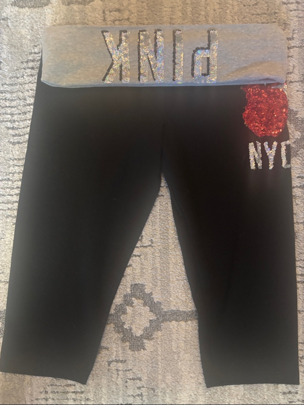 PINK Victoria's Secret Black Yoga Capri Leggings with Sequin Heart & NYC Detail.